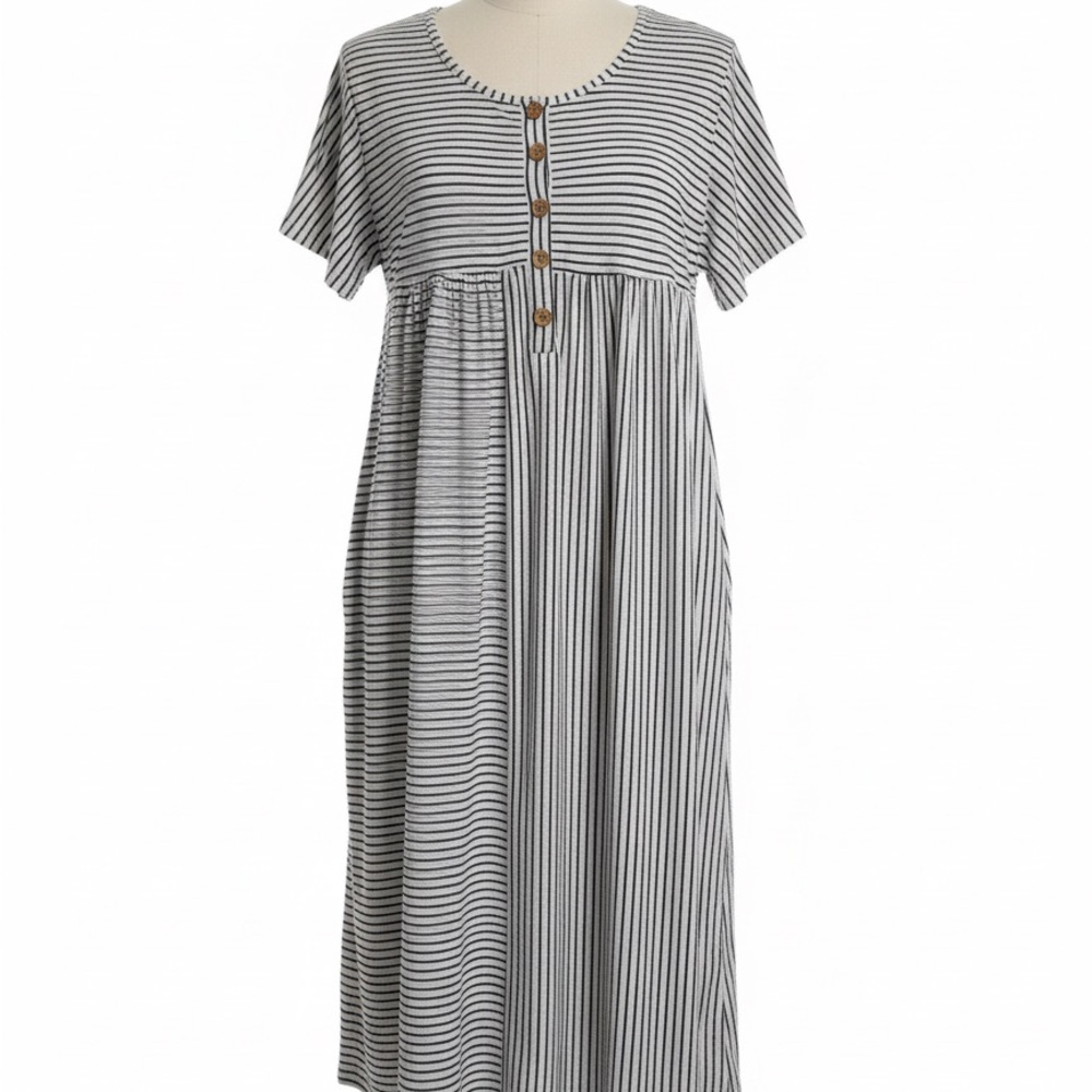 Women’s Black & Gray Striped Short-Sleeve Maxi Dress with Pockets XL